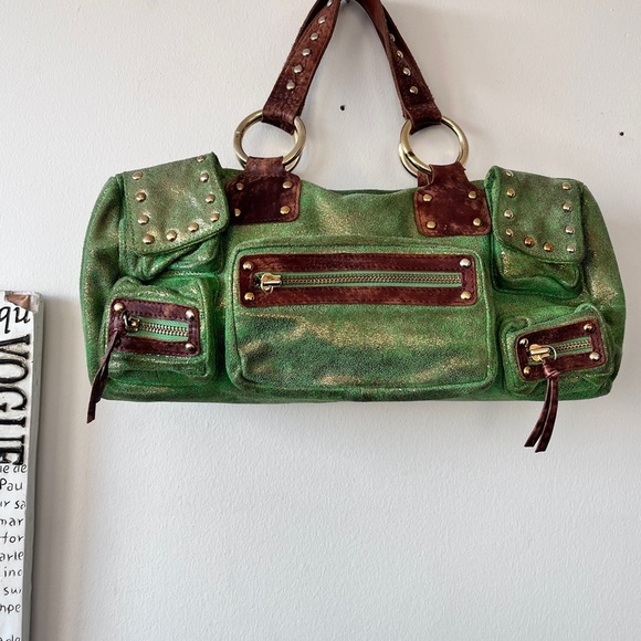 Vintage Y2K Betsey Johnson Metallic Green Leather Studded Cargo Bag - Picture 1 of 16